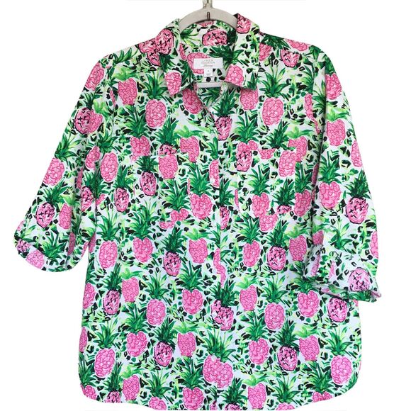 Charter Club Luxury Shirt M Linen Button Up Top Pineapple Print Casual Tropical - Picture 2 of 13
